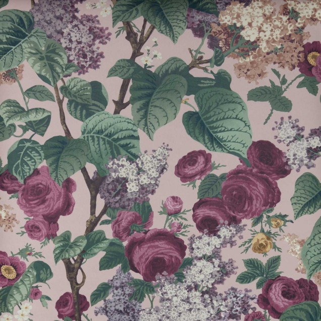 Wallpaper cu flori roz, albe și verzi pe un fundal roz pal, Floribunda Blush Pink.
