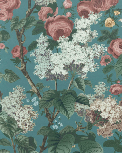 Tapet Floribunda Teal cu flori de trandafiri si liliac pe un fundal turcoaz