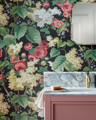 Tapet cu flori mari, colorate, pe un fond negru. Floribunda, Midnight Black.