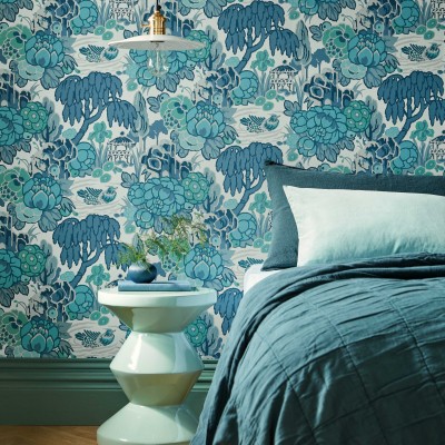 Tapet cu model floral modern, Mandarin Garden Mist Blue