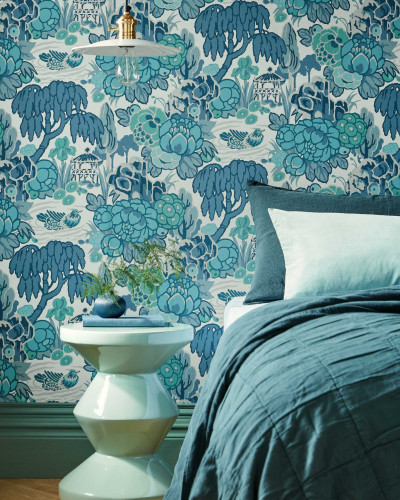 Tapet cu model floral modern, Mandarin Garden Mist Blue
