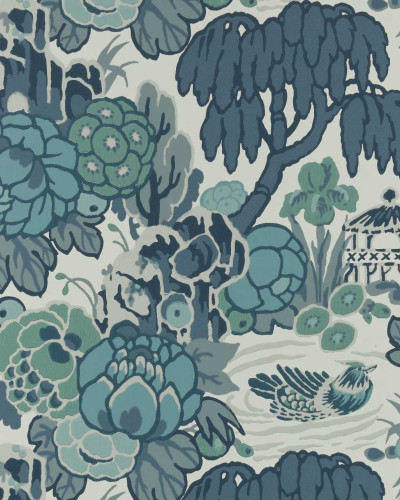 Tapet cu model floral modern, Mandarin Garden Mist Blue