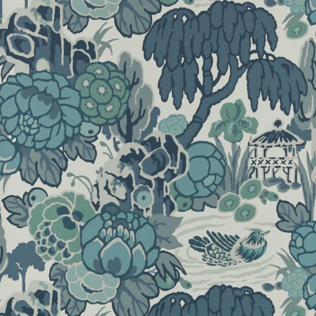 Tapet cu model floral modern, Mandarin Garden Mist Blue