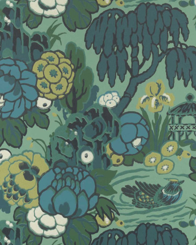 Tapet cu design floral in nuante de verde, alb si bleu.