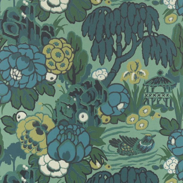 Tapet cu design floral in nuante de verde, alb si bleu.