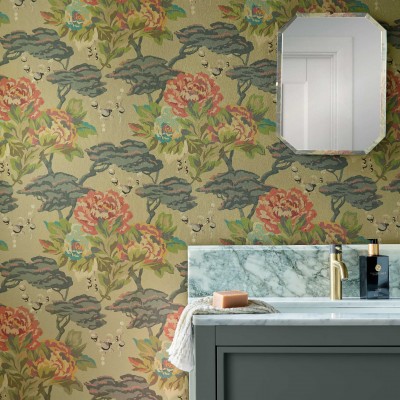 Wallpaper floral Paeonia Lacquer Gold de la 1838 Wallcoverings