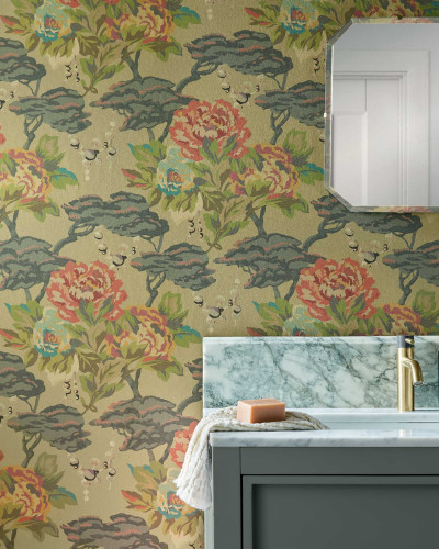 Wallpaper floral Paeonia Lacquer Gold de la 1838 Wallcoverings