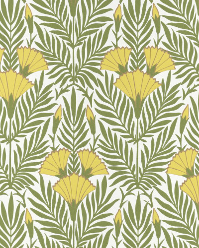 Tapet Floral Fanfare Vivid Yellow, cu flori galbene vibrante pe fundal verde,  ideal pentru a aduce o notă de eleganță și prospețime în orice cameră.