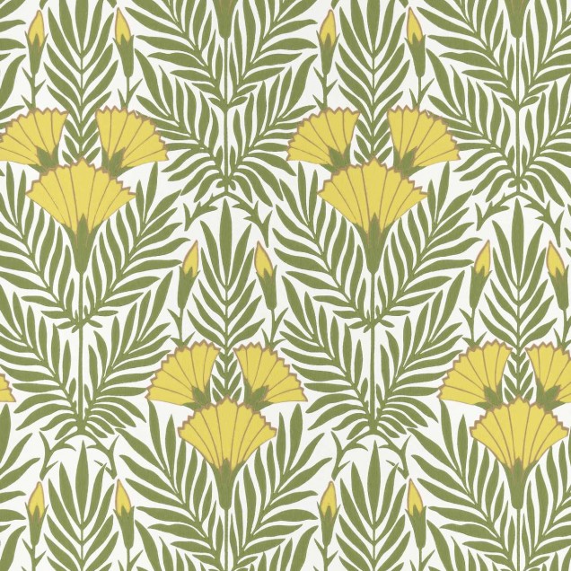 Tapet Floral Fanfare Vivid Yellow, cu flori galbene vibrante pe fundal verde,  ideal pentru a aduce o notă de eleganță și prospețime în orice cameră.