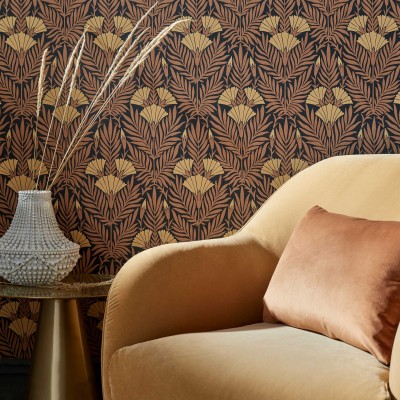 Tapet floral cu design vintage în nuanțe calde de portocaliu ars.