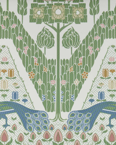 Tapet cu păuni și flori într-un stil botanic, perfect pentru a adăuga eleganță și natură spațiului. Culoare verde vibrantă a ferigii pentru o senzație de calm.