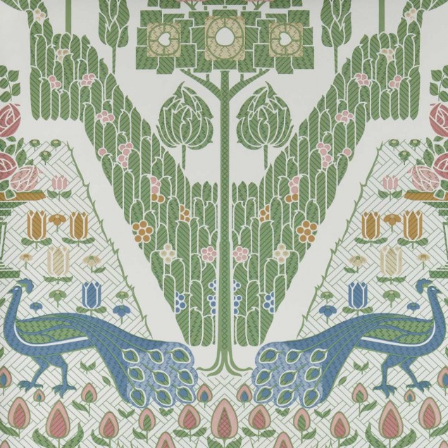 Tapet cu păuni și flori într-un stil botanic, perfect pentru a adăuga eleganță și natură spațiului. Culoare verde vibrantă a ferigii pentru o senzație de calm.