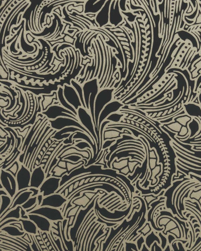 Tapet Eden Midnight Black and Gold cu model floral complex in tonuri de negru si auriu