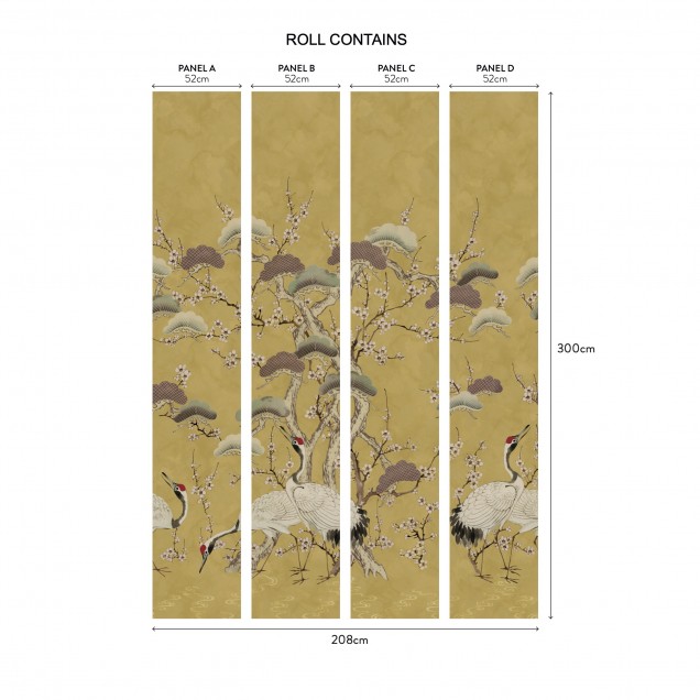 Tapet cu design floral asiatic, cu flori albe și păsări gri pe un fundal auriu