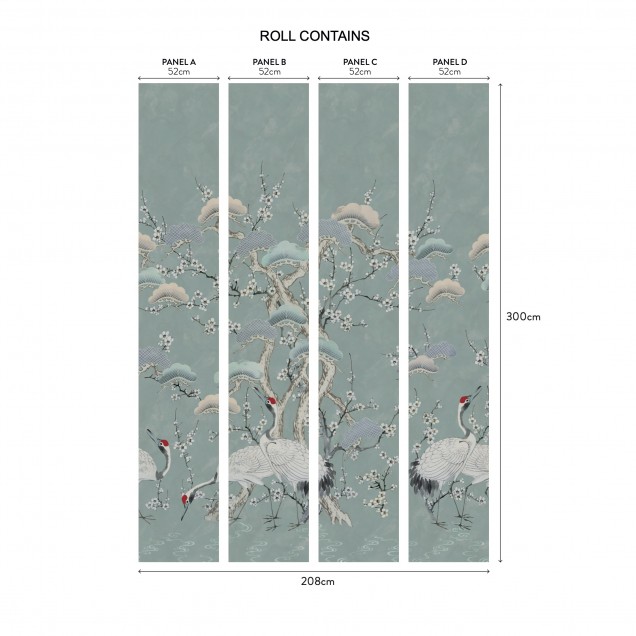 Tapet Kyoto Blossom, Mist Blue cu flori de cires, pasari si un fundal albastru estompat