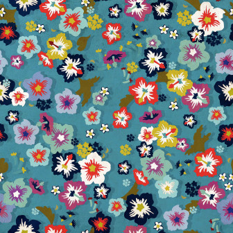 Tapet floral albastru cu model delicat de flori multicolore