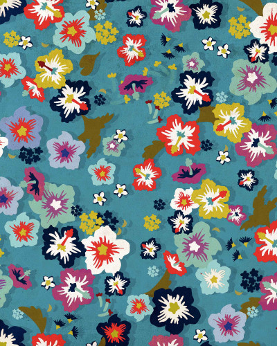Tapet floral albastru cu model delicat de flori multicolore