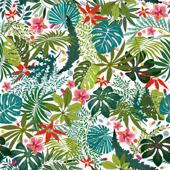 Tapet cu design tropical, frunze și flori exotice