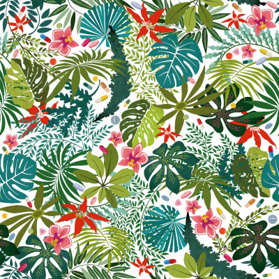Tapet cu design tropical, frunze și flori exotice
