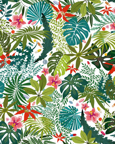Tapet cu design tropical, frunze și flori exotice
