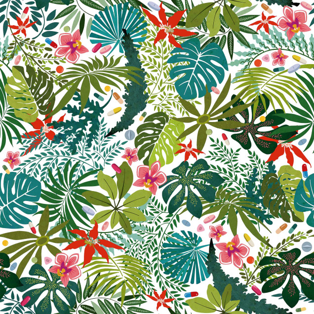 Tapet cu design tropical, frunze și flori exotice