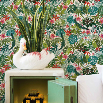 Tapet cu design tropical, frunze și flori exotice