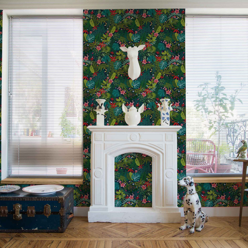 Tapet cu design tropical, frunze și flori exotice