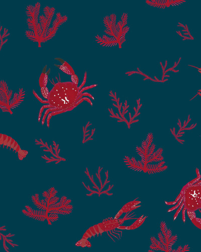 Tapet cu crustacee și corali roșii pe fundal bleumarin