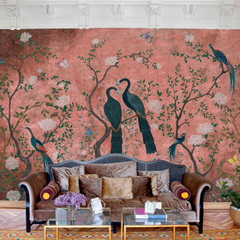 Tapet Core, Edo Pink, Coordonne Tapet cu design oriental: flori, păsări și fundal roz antic