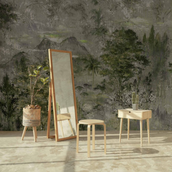 Tapet decorativ cu peisaj pictural în nuanțe de verde și gri