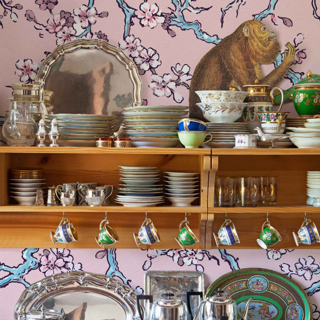 Tapet cu flori de cireș delicate pe fundal roz, cu bordură decorativă