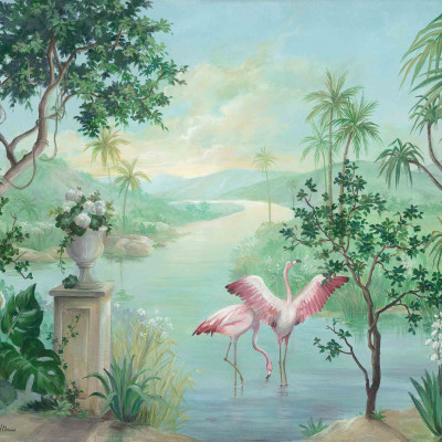 Tapet lavabil cu design exotic, Landscape with Flamingos, prezintă un peisaj tropical cu palmieri, flamingo roz și un râu.