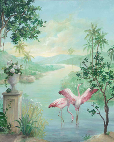 Tapet lavabil cu design exotic, Landscape with Flamingos, prezintă un peisaj tropical cu palmieri, flamingo roz și un râu.