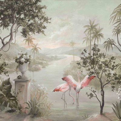 Tapet lavabil cu palmieri si flaminzi, Landscape with Flamingos, New World