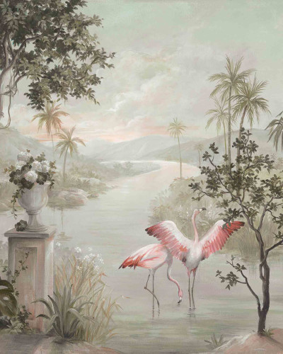 Tapet lavabil cu palmieri si flaminzi, Landscape with Flamingos, New World