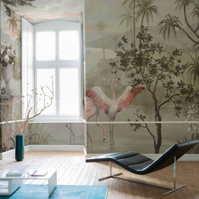 Tapet lavabil cu palmieri si flaminzi, Landscape with Flamingos, New World