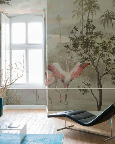 Tapet lavabil cu palmieri si flaminzi, Landscape with Flamingos, New World