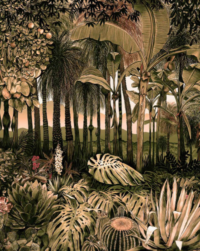 Fototapet cu o pădure tropicală luxuriantă, cu palmieri, cactuși și fructe.