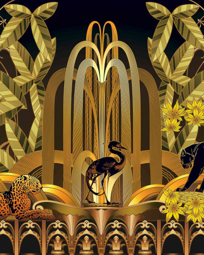 Fototapet cu design Art Deco auriu și negru, cu ilustrații de leopard, panteră și păsări, într-un decor modern.