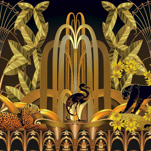 Fototapet cu design Art Deco auriu și negru, cu ilustrații de leopard, panteră și păsări, într-un decor modern.