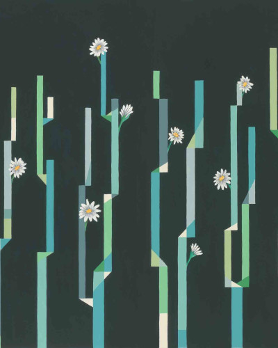 Tapet cu flori de cactus și forme geometrice în nuanțe de verde și albastru.
