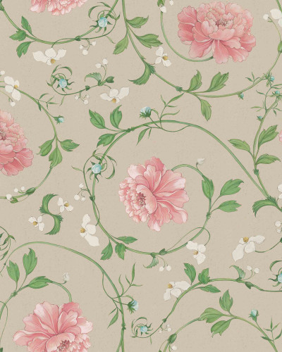 Tapet cu model floral pastelat, cu flori roz și frunze verzi, pe un fundal bej.