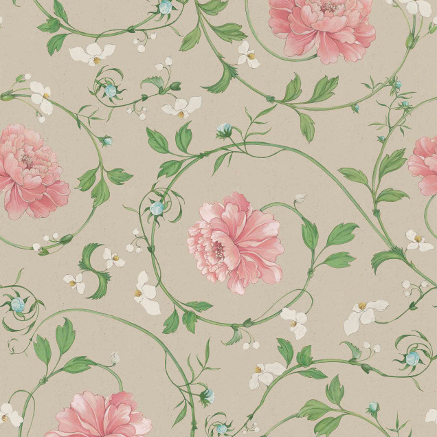 Tapet cu model floral pastelat, cu flori roz și frunze verzi, pe un fundal bej.