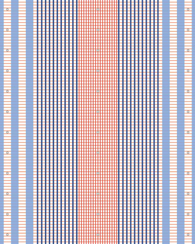 Tapet geometric cu dungi albastre, crem si linii portocalii, asezat pe peretele unei sufragerii moderne.