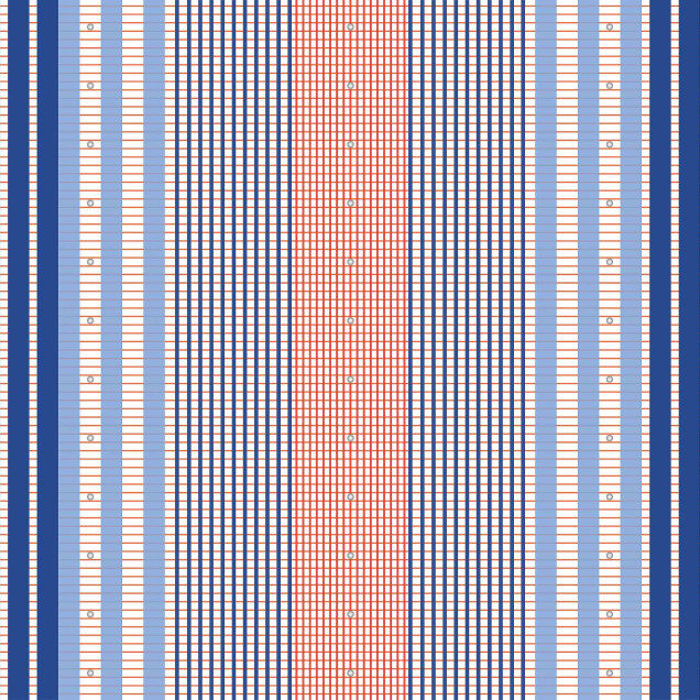 Tapet geometric cu dungi albastre, crem si linii portocalii, asezat pe peretele unei sufragerii moderne.