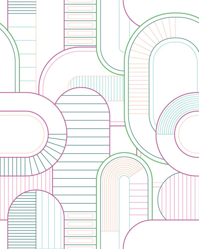 Tapet cu model geometric abstract, linii curbate și culori pastelate, aplicat pe un perete lângă o fereastră galbenă și o plantă