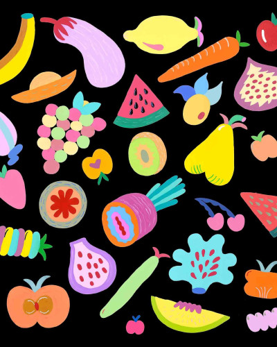 Fototapet cu ilustrații colorate de fructe și legume pe fundal negru