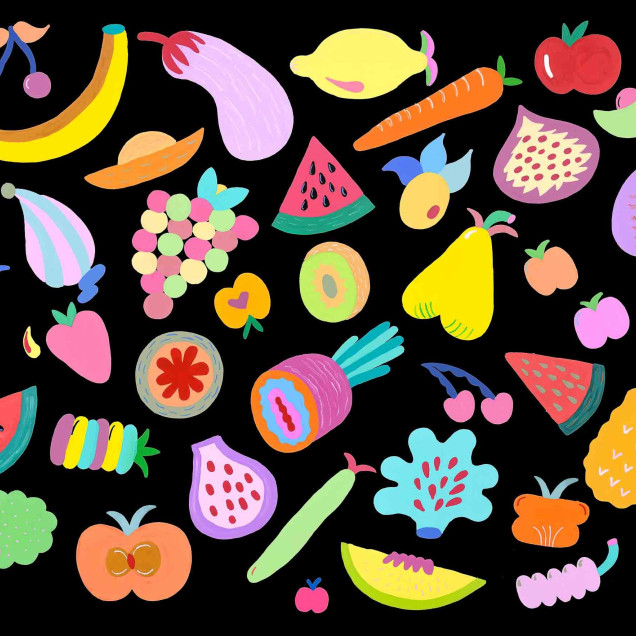 Fototapet cu ilustrații colorate de fructe și legume pe fundal negru