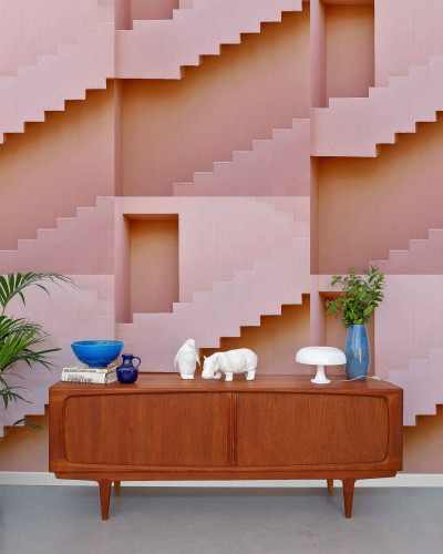 Tapet cu design geometric, scări repetitive, roz