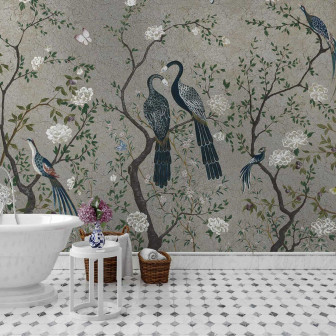 Tapet cu păsări și flori argintii Tapet elegant cu păsări și flori pe fond argintiu